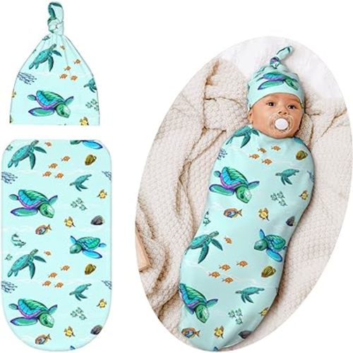 Swaddling Blanket for Baby, Sleeping Sacks, Unisex Baby Stuff with Hat, Turtle