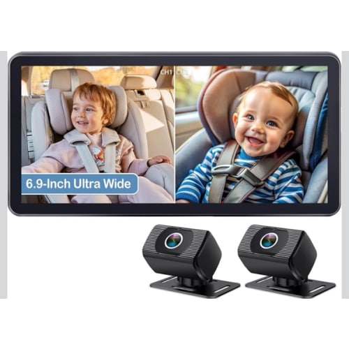 2-Kids Baby Car Camera for Seat: 6.9 Inch Ultrawide Display with Two Cameras Rear Facing - USB Powered Backseat Camera HD 1080P Easy to Install