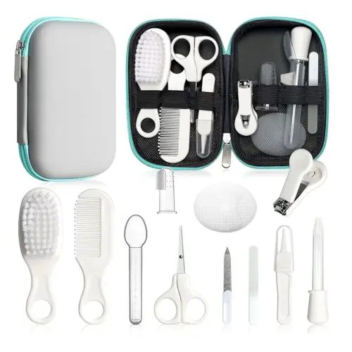 Baby Grooming Kit - Nursery Essentials Baby Registry Shower Gift for Newborns, Infants, Toddlers, Boys, Girls Kids-Safety Baby Comb, Brush, Finger Toothbrush, Nail Clippers, Scissors (Grey White 12 in 1)