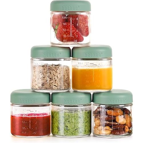 haakaa Glass Baby Food Jar with Silicone Lid – 6pc 6 x 4oz,Premium Lab-quality Borosilicate Glass, Plastic-free, Freezer, Microwave & Ovensafe.