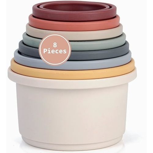 Baby Stacking Cups - (8 Pack) Toddler Stackable Nesting Toy Cup Set with Numbers, Patterns & Pastel Colors - Montessori Infant Fun Educational Bath Toys for Boys & Girls Toys