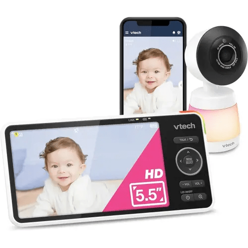 VTech Smart WiFi Baby Monitor, 2K CMOS Sensor Camera, 5.5-inch HD IPS Screen, Clear Infrared Night Vision, Pan-Tilt, 24x Zoom, 2-Way Talk, Multi-Color Night Light, Soothing, Free App: Smart HD Plus