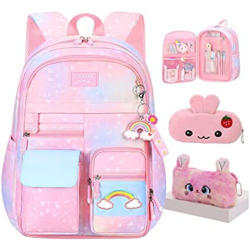 Rainbow Backpack For Girls Kids,Cute Student School Backpack With Pen Bag,Aesthetic Starry Rainbow Laptop Travel Bag