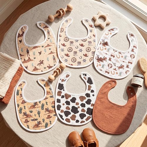 Cuffbow 6 Pack Western Cowboy Muslin Bibs Ultra Soft Triple Layer Cotton Absorbent Drool Bibs with Adjustable Snaps Cow Print Cactus Theme Nursery Essentials Shower Gift Set for Infants