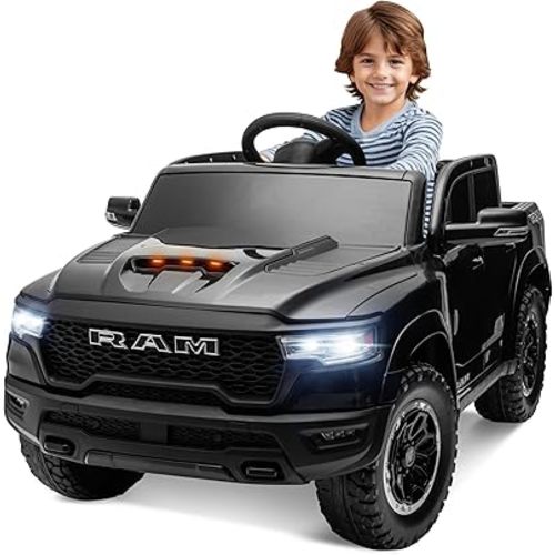 ENYOPRO Licensed Ram 1500 Ride On Truck, 12V Electric Car for Kids & Toddlers, Ride On Car with Remote Mode, Key Start, Bluetooth, 2 Speeds, Working Headlights, Truck Bed Storage (Black)
