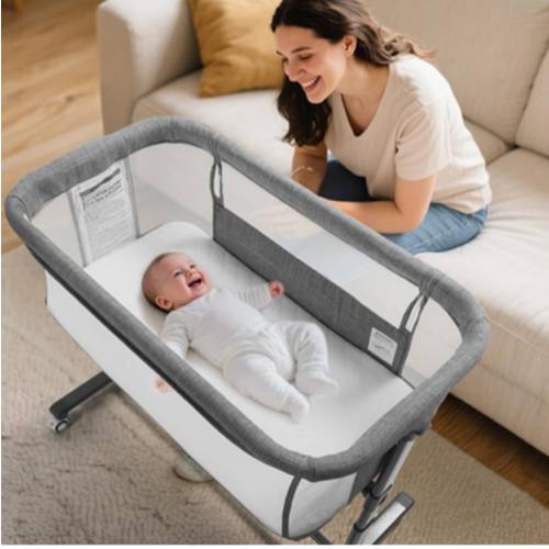 Kinder King Baby Bassinet Bedside Sleeper, Newborn Baby Bedside Crib w/Wheels, All-Sided Mesh, Adjustable Height, Removable Soft Mattress, No Tool to Assemble, Grey