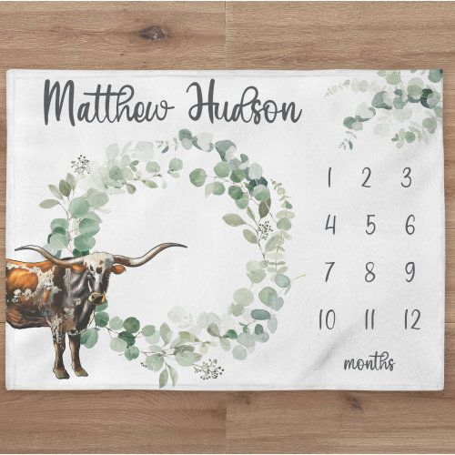 Longhorn Cow Milestone Blanket, Farm Boy Blanket, Personalized Greenery Wreath Baby Boy Month Blanket, Newborn Gift, Baby Shower Gift