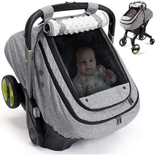 Bioby Waterproof Baby Car Seat Cover, Infant Car Seat Cover for Boy Girl, Roomy Cozy Windproof Sun Protection Baby Carseat Covers Canopy with Breathable Net and Holes, Universal Fitted Gray