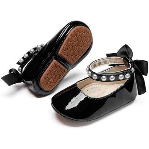 Baby Girls Mary Jane Flats - Infant Newborn Walking Shoes Soft Rubber Sole Princess Wedding