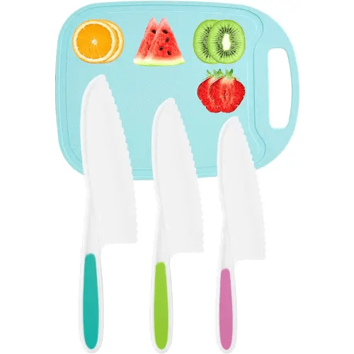 Kids Knife 4-Piece with Cutting Board - Toddler Knife Set Children's Cooking Nylon Knives - Serrated Edges and Firm Grip Suitable for Cutting Salad, Fruit, Cake, Lettuce (3 Sizes & Colors)
