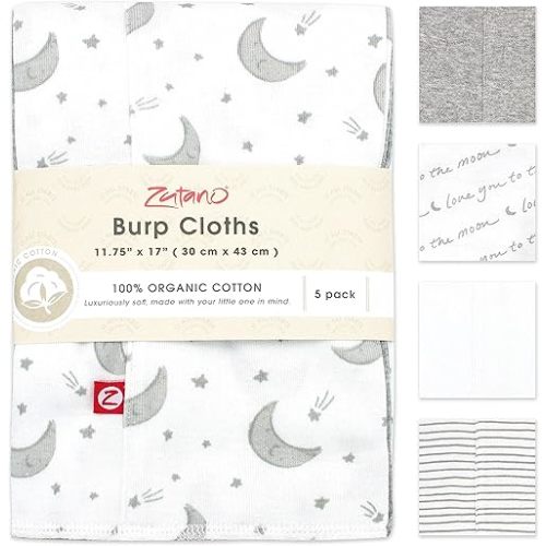 Zutano 5-Pack Organic Burp Cloths for Baby Girl & Boy, Large Cotton Burping Cloths for Babies | Absorbent Baby Spit-Up Rags | Gender Neutral Burp Clothes | Newborn Essentials, Love You to The Moon