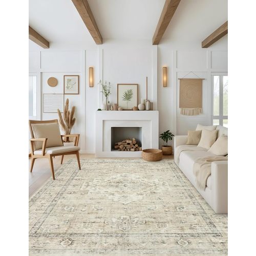 LIVEBOX Washable Beige Area Rugs for Bedroom 8x10, Non Slip Neutral Area Rugs for Living Room, Vintage Boho Floral Rug Print Distressed Farmhouse Rug for Dining Room Conference Room Office