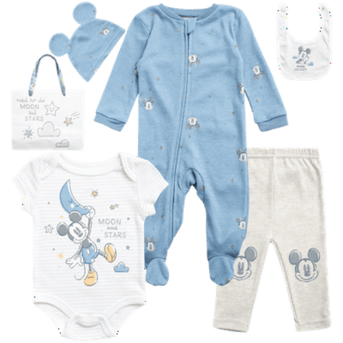Disney Newborn Baby Layette Set - 6 Piece Disney Bodysuit Coveralls Sweatpants, Hat, Gift Bag (0-6M)