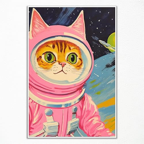 ogyormpi Funny Cat Astronaut Posters for Kids, Whimsical Cat In Space Wall Art Canvas Print, Cute Pink Poster for Room Aesthetic, Colorful Kids and Nursery Art for Girls Bedroom 12x16in Unframed