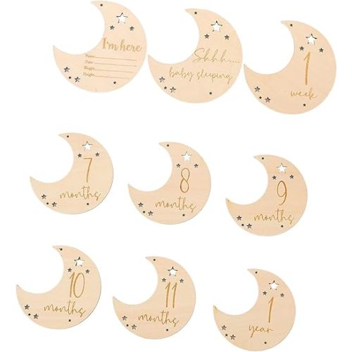 9 Pieces Moon Number Letter Milestone Card Wooden Milestone Photo Card Party Supply Baby Birth Announcement Sign for Newborn, Children, Baby Girls, Boys Version