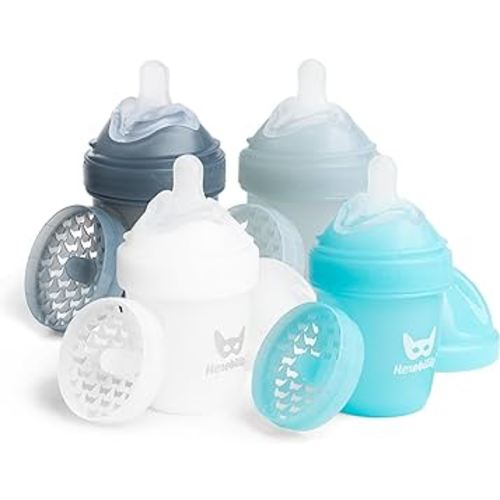 Herobility Double Anti-Colic Baby Bottles – 5 fl oz/140ml – 4-Pack – BPA-Free - Multicolor – White, Gray, Iron Blue, Blue