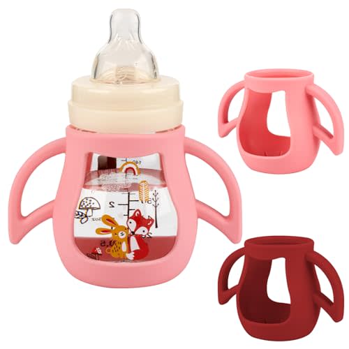 ROPOSY Silicone Sleeves with Handles for Mam Glass Bottle, 2 Pack Anti Breakage Baby Bottle Holder, 5oz