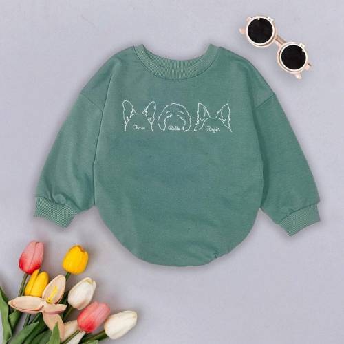 Personalized Dog Ears Romper Sweatshirt, Custom Pet Line Art Bodysuit, Baby Pet Portrait Outfit, Unique Pet Name Clothes, Baby Shower Gift