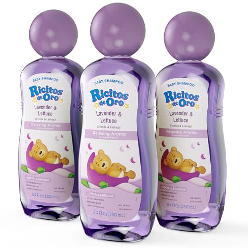 RICITOS DE ORO Lavender Baby Shampoo - Nourishes & Softens Hair, Calming Aroma, Includes Rattle Cup, Hypoallergenic & Tear Free, Promotes Better Sleep, Natural Lavender, Size 8.45 oz, 3-Pack