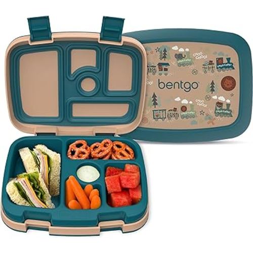 Bentgo® Kids Prints Leak-Proof, 5-Compartment Bento-Style Kids Lunch Box - Ideal Portion Sizes for Ages 3-7, Durable, Drop-Proof, Dishwasher Safe, & Made with BPA-Free Materials (Trains)