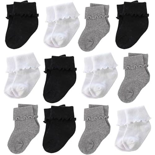6 &12 Pairs Infant Toddler Baby Kids Turn Cuff Ruffle Cotton Socks
