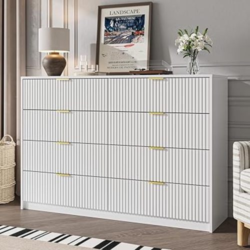 MAISONARIA White Dresser for Bedroom, 8 Drawer Double Dresser, Modern Chest of Drawers for Bedroom, Living Room, Entryway and Closet, 55" L x 15.7" D x 37.4" H