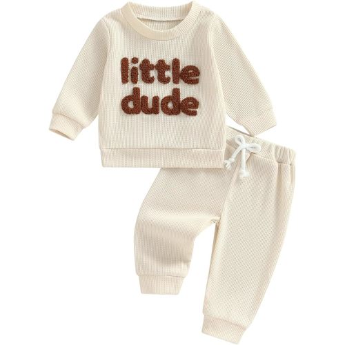 Fall Baby Boy Clothes Mama's Boy Little Dude Embroidered Long Sleeve Sweatshirt Pants Set Waffle Knit Outfit - 0-6 Months - Apricot
