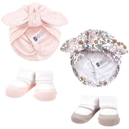 Hudson Baby Infant Girls Turban and Socks Set, Outline Warm Floral, One Size