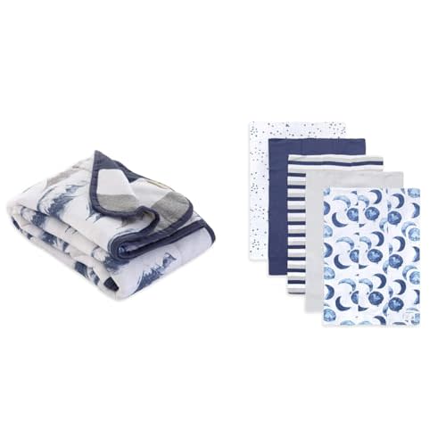 Burt's Bees Baby - Reversible Blanket, Nursery, Stroller & Tummy-Time Organic Jersey Cotton & Burp Cloths, 5-Pack Extra Absorbent 100% Organic Cotton Burp Cloths (Hello Moon!)