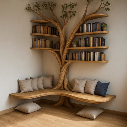 Rustic Tree Bookshelf Wall Art with Corner Bench | Handmade Driftwood Floating Shelves | Cozy Reading Nook Storage for Nature-Inspired Homes