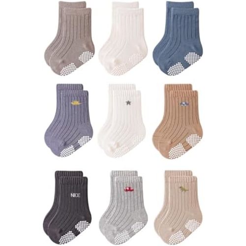 VWU Baby Toddler Socks with Grips Kids Girl Boy Crew Ankle Socks Cotton Anti Slip 0-6T 6/9 Pack