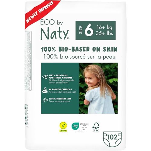 Eco by Naty Eco-Friendly Baby Diapers - 100% Plant-Based Materials on Skin, Soft, for Sensitive Skin & Super Absorbent (Size 6, 102 Count)