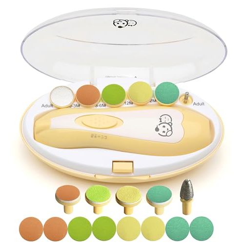 Baby Nail Trimmer 21 in 1, Usage Labeled Case & 13 Extra Replacement Tools, Royal Angels Baby Electric Nail File, Baby Nail Care, Nail Clipper Newborn Toddler Toes & Fingernails Nail Kit (Yellow)