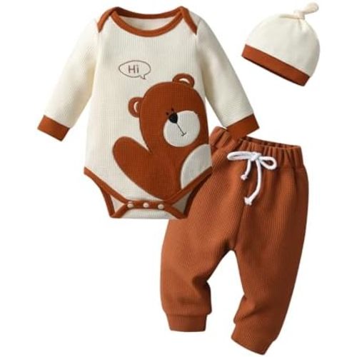 Newborn Infant Baby Boy Clothes Print Long Sleeve Bodysuit + Pants + Hat 3 PCS Outfits Set
