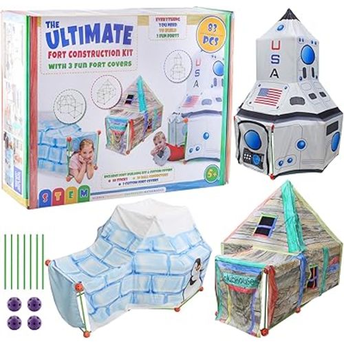 Ultimate Play Fort Kit (83-Piece Set), Stick and Ball Fort Building Kit w/ 3 Play Tent Covers