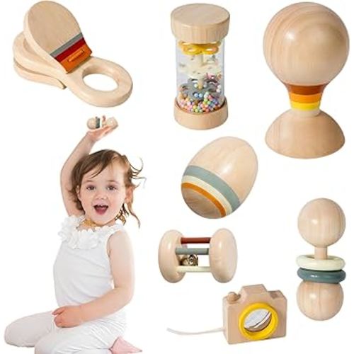 7 PCS Wooden Baby Toys Set - Montessori-Inspired Musical Instruments for 0-12 Month,Montessori Toys for Babies,Toddler Hand Wooden Rattles Toy Set for Infant Grasping with Storage Bag