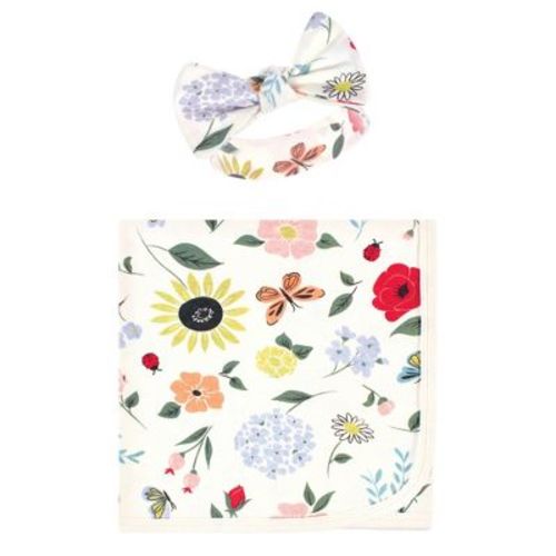 Touched By Nature Baby Girl Organic Cotton Swaddle Blanket And Headband Or Cap, Flutter Garden, One Size