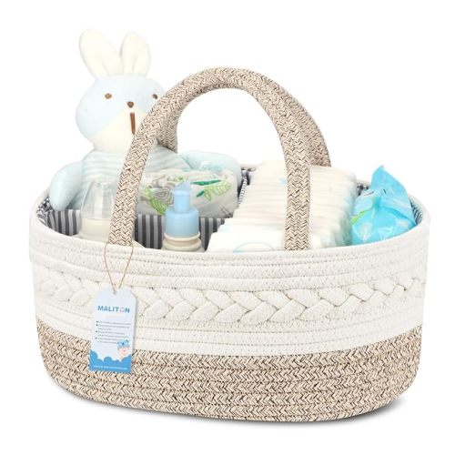 Maliton Diaper Caddy Organizer for Baby, Cotton Rope Baby Gift Basket, Portable Diaper Organizer for changing table, Diaper Nursery Storage Organizer for Baby Stuff, Baby Shower Gifts for Newborn - Large - A-Brown