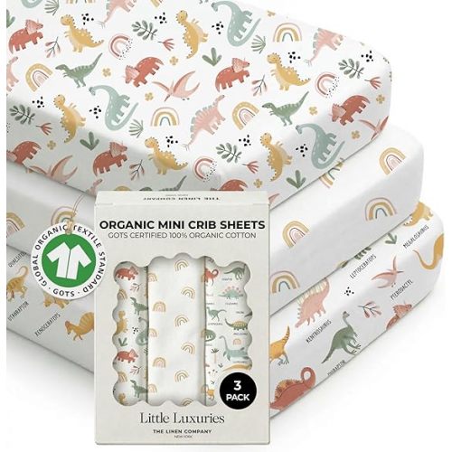 100% Organic Cotton Mini Crib Sheets (3-Pack) – GOTS Certified, Soft Fitted Sheets for Mini Mattress & Pack n Play, 5 in Deep Pocket with Secure Elastic Fit, Boys & Girls, (27" x 39") Jurassic Joy