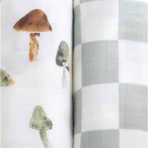 LifeTree Muslin Swaddle Blankets, Baby Swaddling Blanket for Boys Girls, Super Soft 70% Viscose from Bamboo and 30% Cotton, Large 47" x 47", Checkered & Mushroom, Newborn Baby Registry