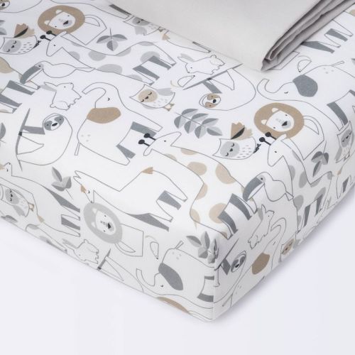 Crib Fitted Sheets Animals And Gray Solid - Cloud Island™ - 2pk