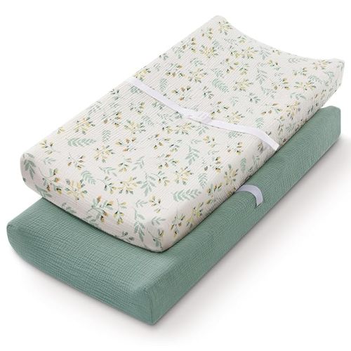 Muslin Changing Pad Cover for Baby Girls Boys, Cotton Natural Comfort Diaper Change Table Pad Covers, Ultra Soft Breathable Boho Changing Pad Sheets, 2Pack (Roman Green&Botanical Leaf)
