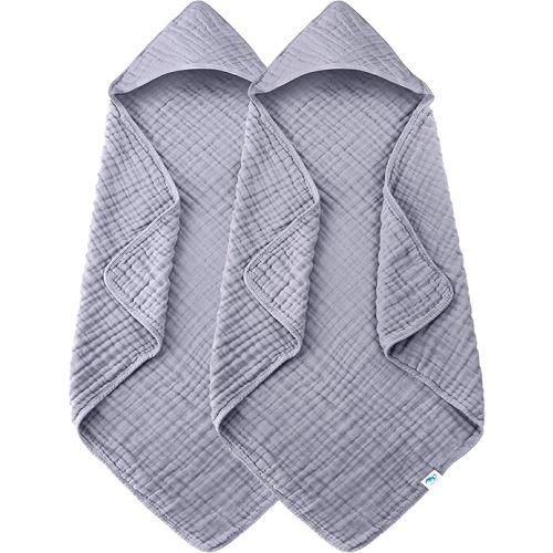 SWEET DOLPHIN Muslin Hooded Baby Bath Towels - 2 Pack 100% Cotton Towel for Babies, Infants, Toddlers - 32x32Inch - Highly Absorbent and Newborn Essential, Grey