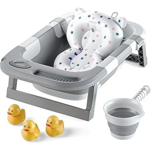 Collapsible Bathtub Baby for Infants & Newborns w/Thermometer, Drain Plug with Heat Sensor & Scoop – Compact Travel Baby Bath Space-Saving Bath for Travel, Shower & Small Bathrooms