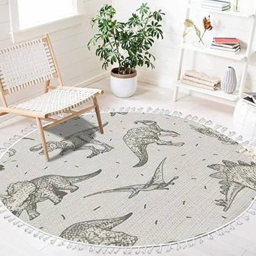 Round Rugs Dinosaurs Drawings Childish Boho Area Rug Linen and Cotton Carpet Meditation Rug Washable Hallway Runner Mat Accent Rug for Bedroom Bathroom 4ft, Multi3