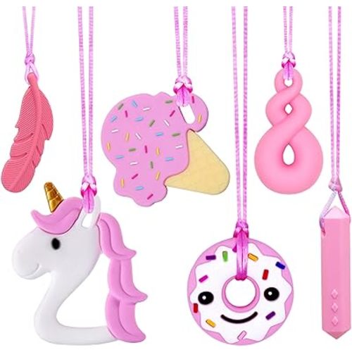Sensory Chew Necklaces for Girls, 6 Pack Autism Teething Necklace Chew Toys Sensory for Kids with ADHD or Special Need, Silicone Chewable Necklaces Reduces Chewing Fidgeting for Children Adults Chewer