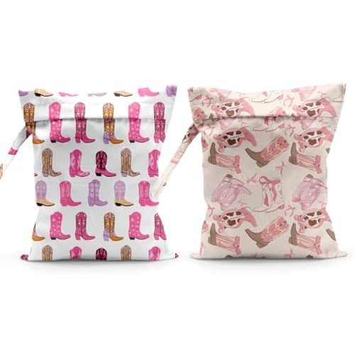 Pink Reusable Western Boots Pattern Wet Bag Waterproof Cloth Diaper Wet Dry Bag for Travel Beach Pool Daycare Soiled Toddler Items Yoga Gym - 2pcs