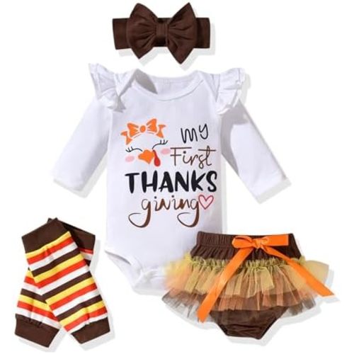 fioukiay Newborn Baby Girls Thanksgiving Clothes Outfits Infant 4pcs Turkey My First Thanksgiving Romper Shorts Clothing Sets