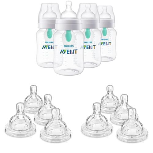 Philips AVENT Anti-Colic Baby Bottles with AirFree Vent (9oz, 4pk) + Anti-Colic Flow 3 & 4 Nipples (4pk Each)