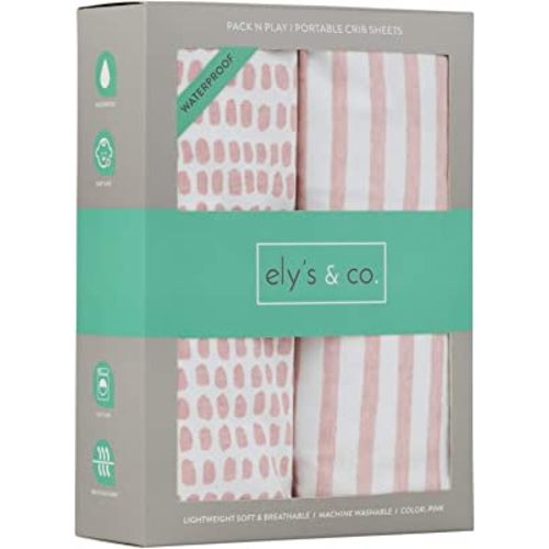 Ely's & Co. Patent Pending Waterproof Pack N Play/Mini Portable Crib Sheet with Mattress Pad Cover Protection I Mauve Pink Stripes and Splash by Ely's & Co.